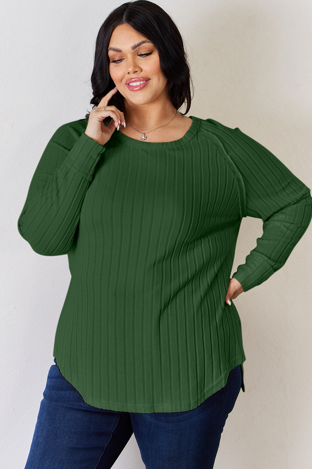 Ribbed Round Neck Slit T-Shirt