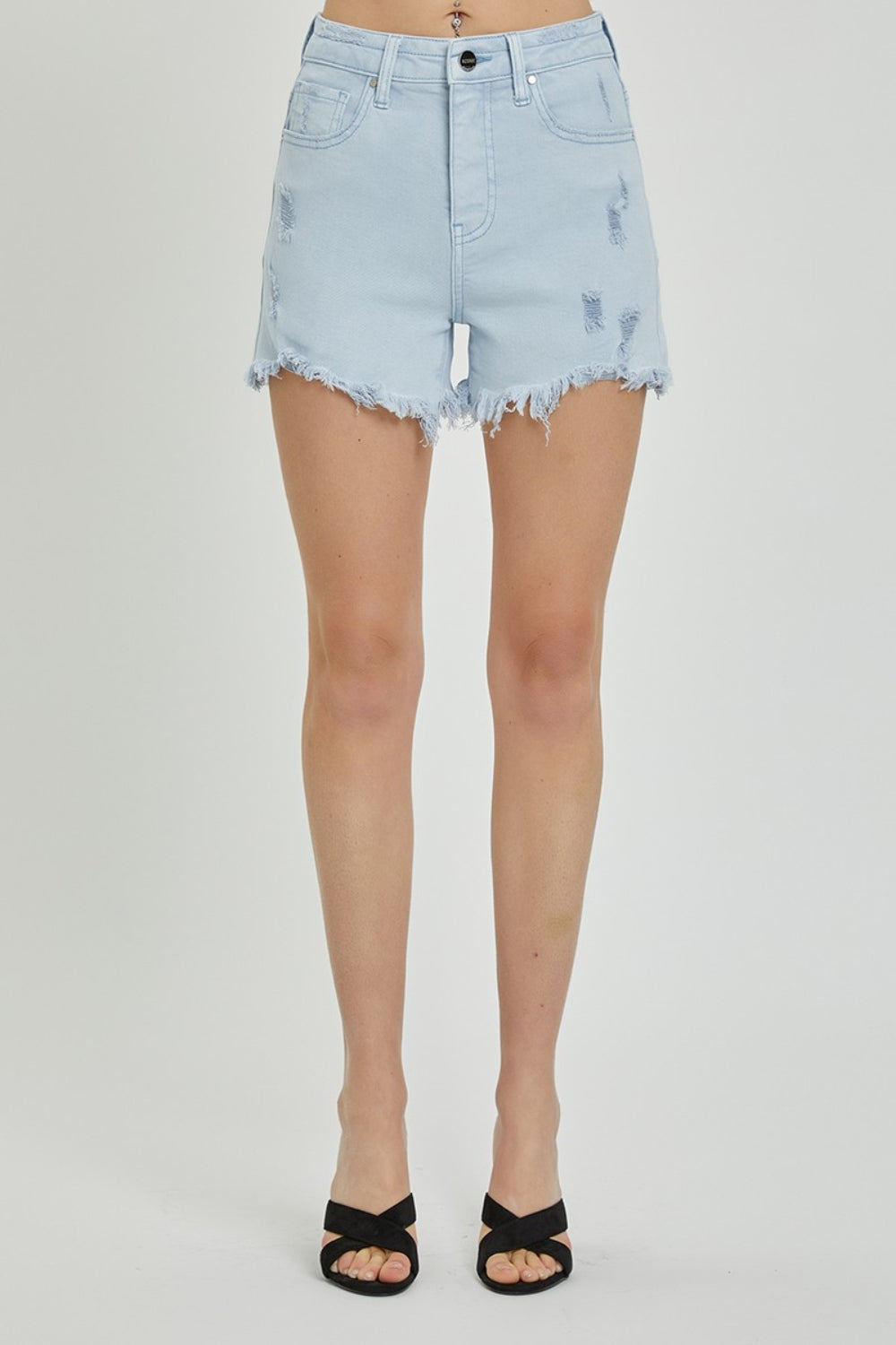 High Rise Distressed Detail Denim Shorts