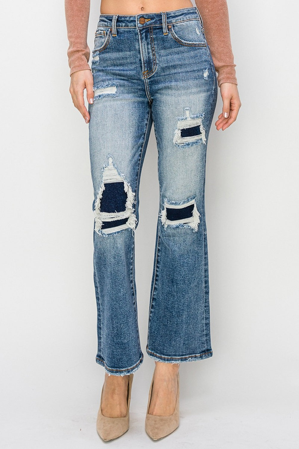 High Rise Distressed Ankle Flare Jeans