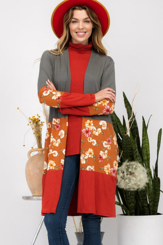 Floral Color Block Open Front Cardigan