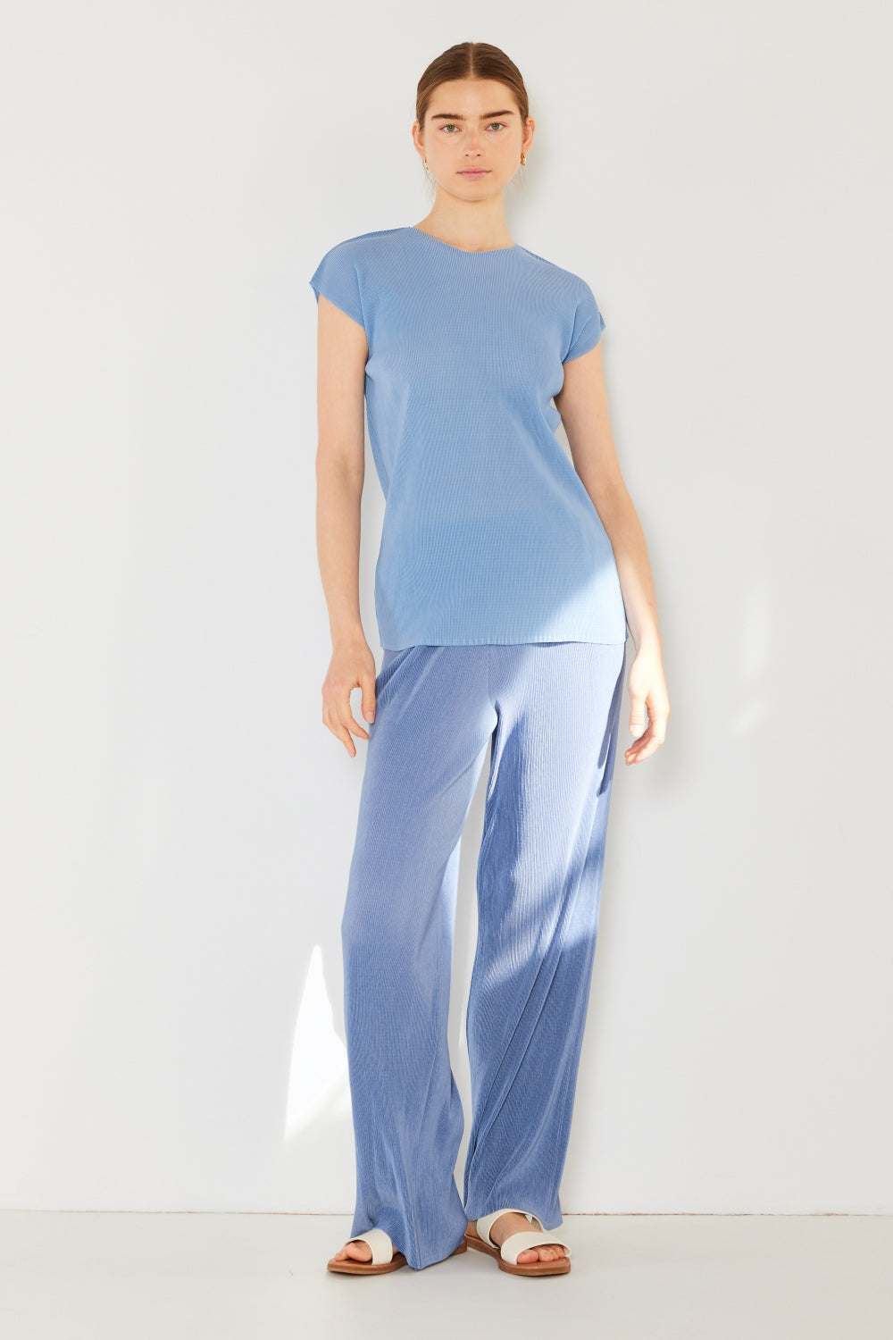 Rib Pleated Elastic-Waist Wide Leg Pants