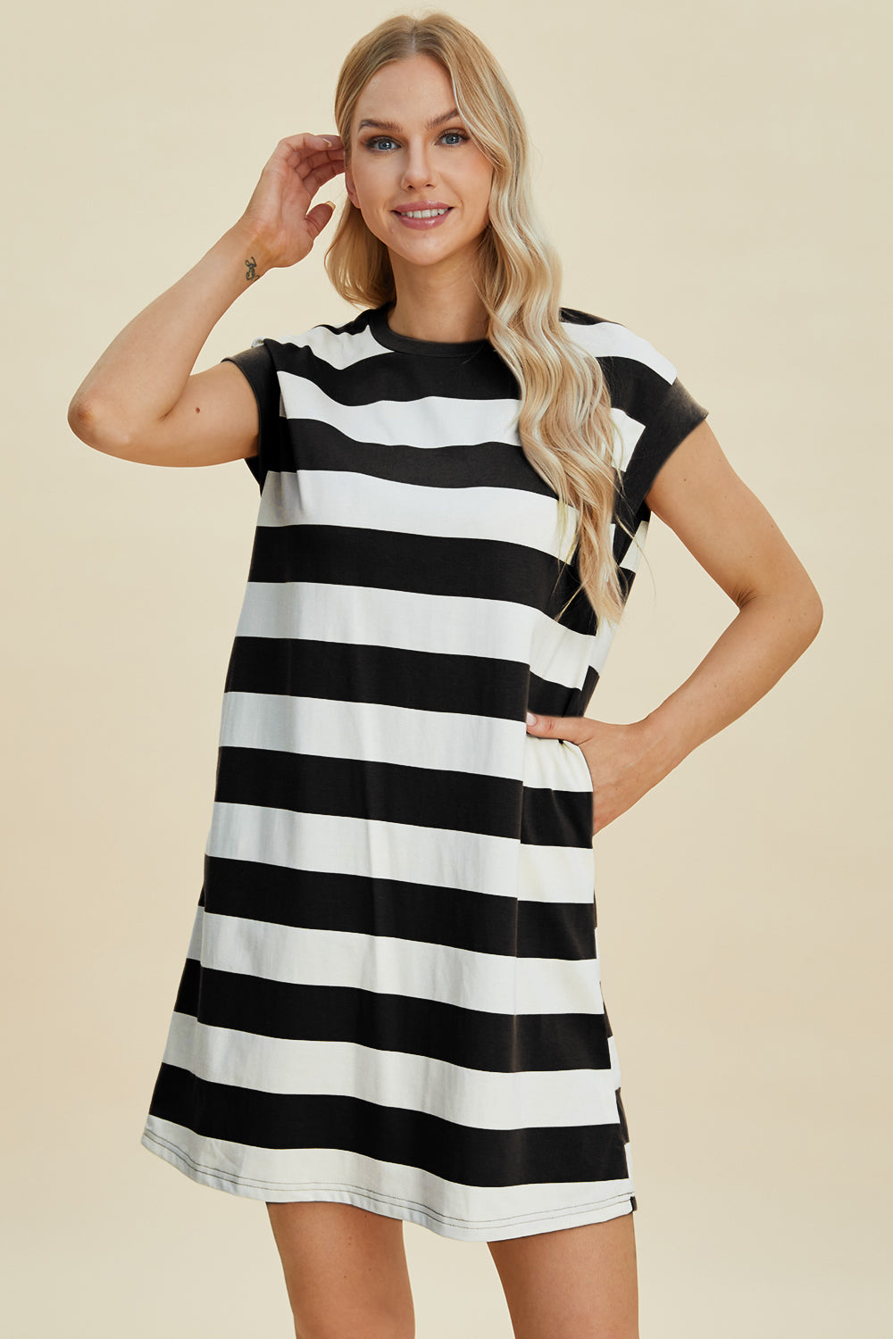 Striped Round Neck Cap Sleeve Mini Dress