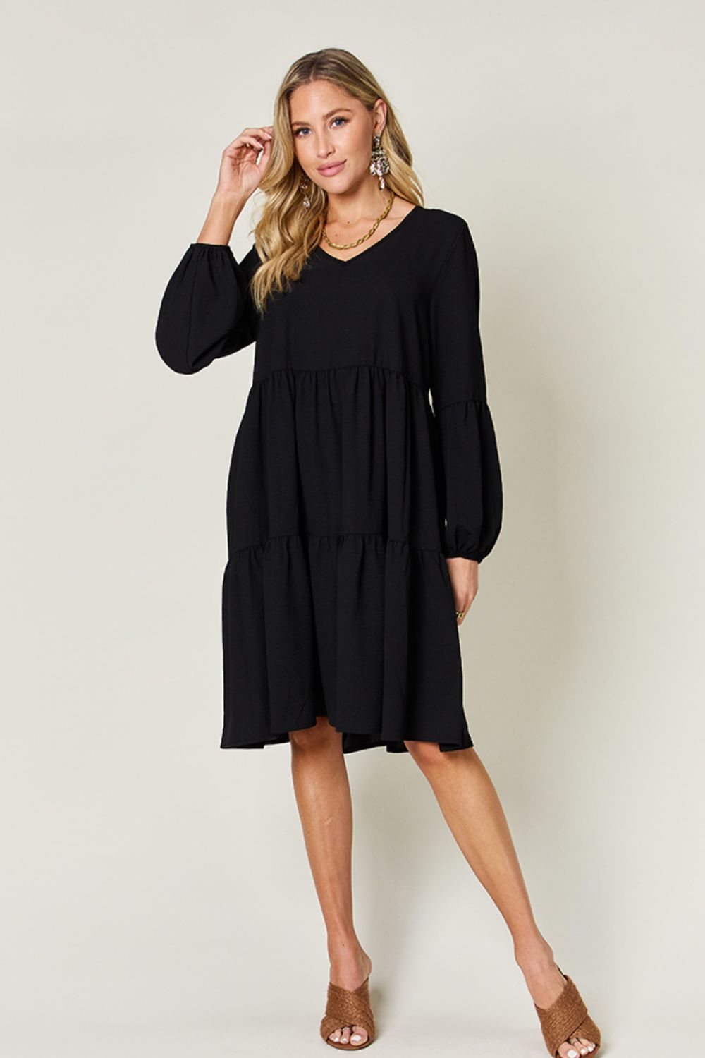 V-Neck Balloon Sleeve Tiered Mini Dress with Pockets