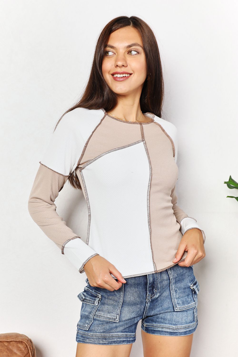 Color Block Exposed Seam Long Sleeve Top