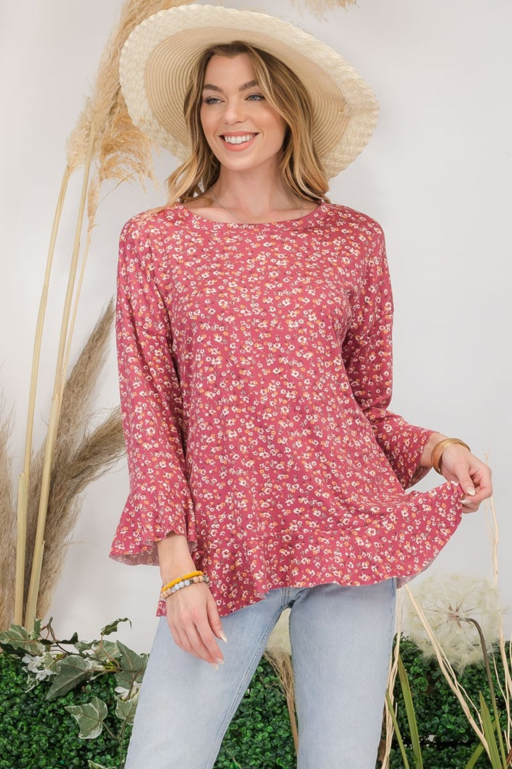 Floral Ruffle Detail Long Sleeve Top