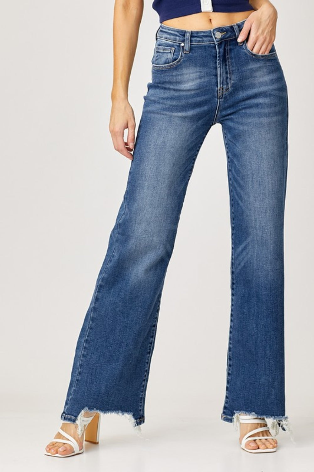 High Rise Frayed Hem Wide Leg Jeans