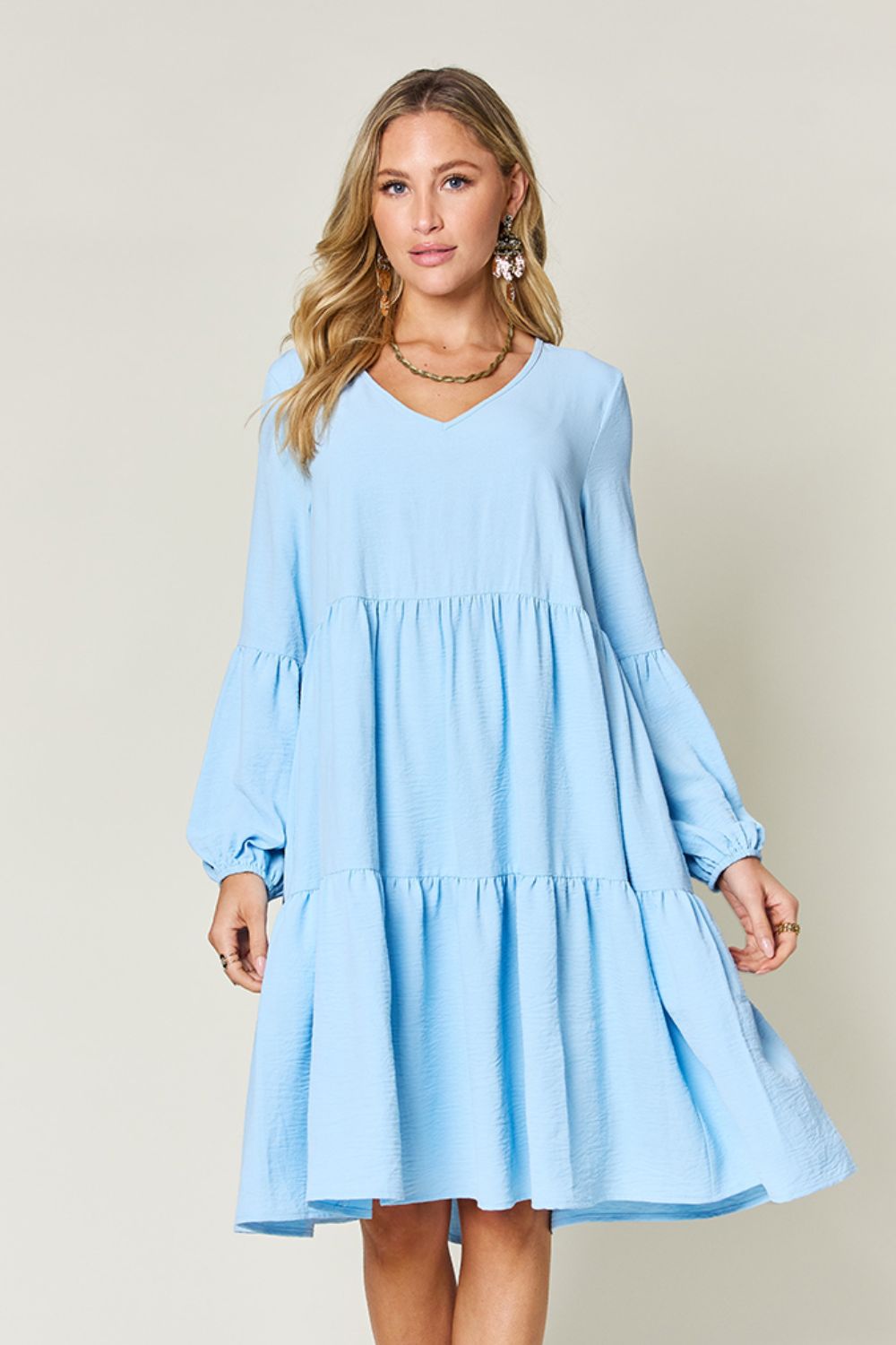 V-Neck Balloon Sleeve Tiered Mini Dress with Pockets