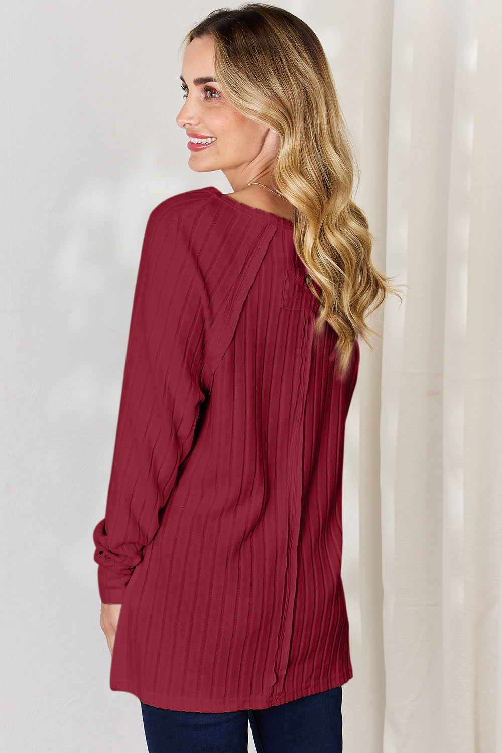 Ribbed Round Neck Slit T-Shirt