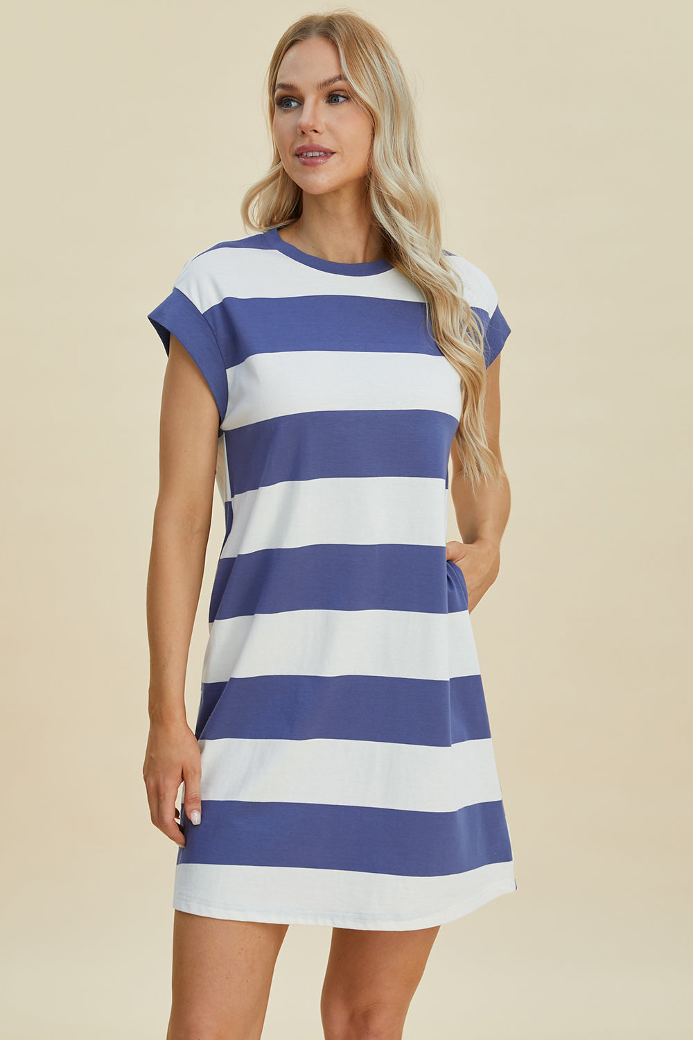 Striped Round Neck Cap Sleeve Mini Dress