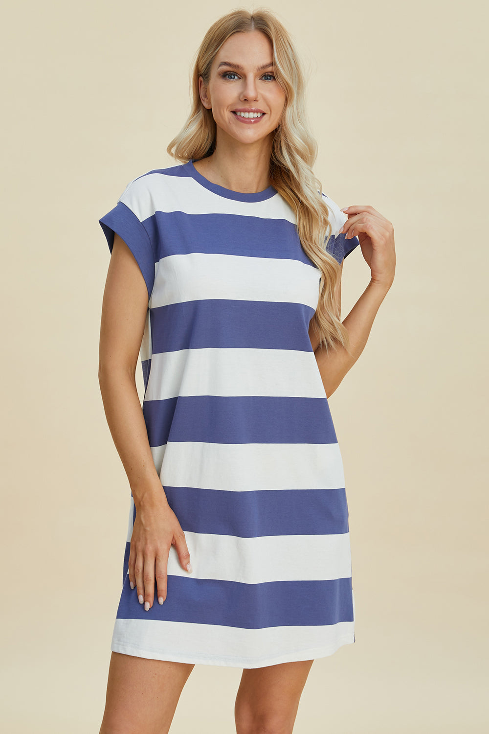 Striped Round Neck Cap Sleeve Mini Dress